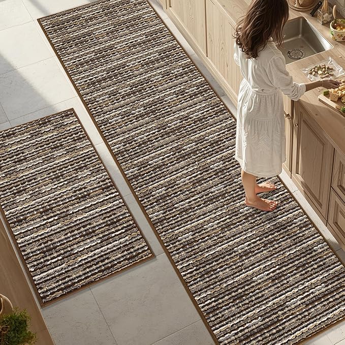 Kitchen Rugs Sets of 2-Non Slip Kitchen Mats for Floor-Thick Stain Resistant Vintage Kitchen Floor Mat Runner Carpet for Hallways Entryway Laundry Room Washable（Brown 24"x79"+24"x35"）