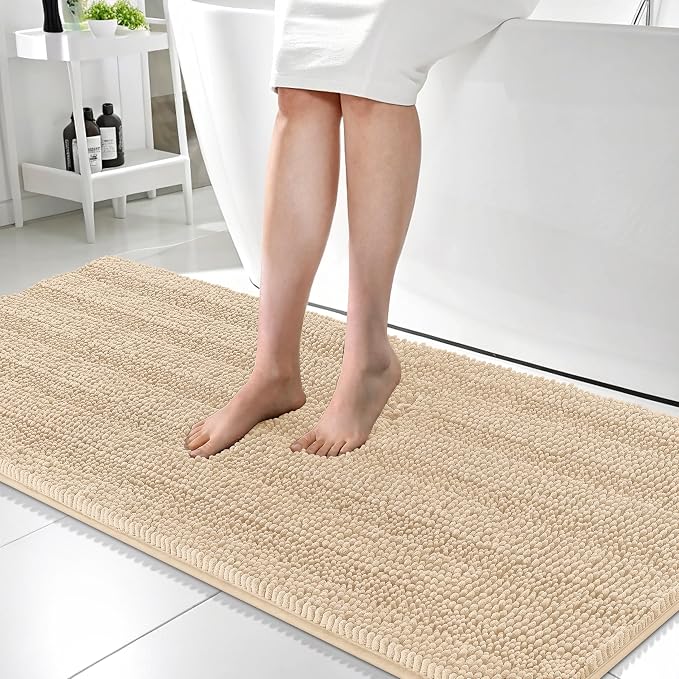 OLANLY Thick Bathroom Runner Rugs 59x24, Absorbent Chenille Striped Bath Rugs, Rubber Backing, Machine Wash Dry, Extra Long Bath Mats for Bathroom Floor, Tub and Shower, Home Decor Accessories, Beige