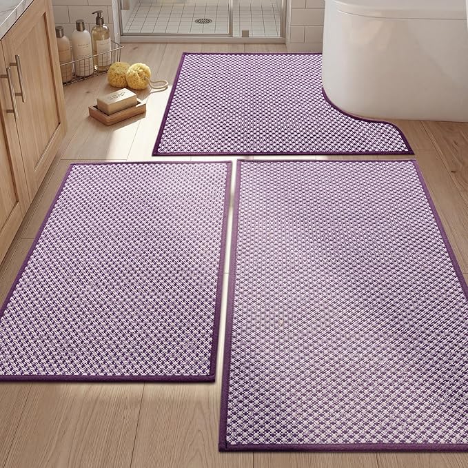 YIHOUSE Thin Bath Mat Purple Bathroom Rugs Sets 3 Pieces, Non Slip Absorbent Bath Mats Quick Dry, Woven Braided Rugs Washable, Rubber Tapetes para Baño for Bathroom Toilet,Bathtub
