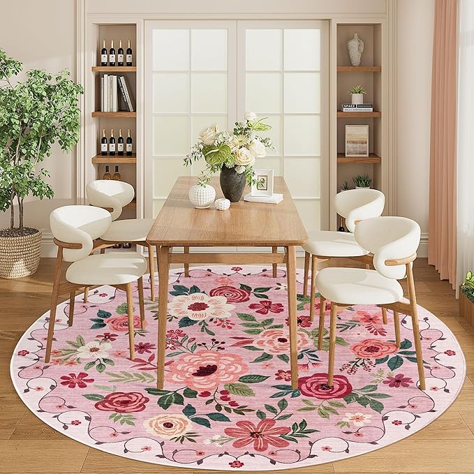 DUKINO Floral Round Rug, 6ft Washable Circle Rug, Non Slip Indoor Low Pile Circle Rug, Soft Small Boho Design Carpet for Bedroom, Entryway, Living Room, Dining Room, Pink
