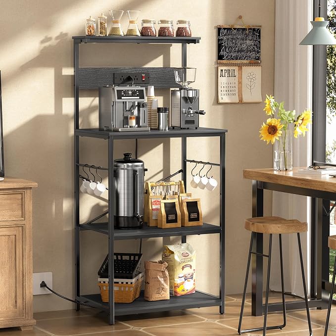 VUSIGN Kitchen Bakers Rack with Power Outlet, 4 Tiers Microwave Stand with Storage, 23.6 Inch Coffee Bar Station with 6 S Hooks, Adjustable Shelf Rack for Pots/Pans/Spices, Black