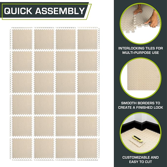 ProsourceFit Exercise Puzzle Mat 1/2-inch, EVA Interlocking Foam Floor Tiles for Home Gym, Workout Equipment, Kids Play Areas, Beige, 96 Sq Ft - 24 Tiles