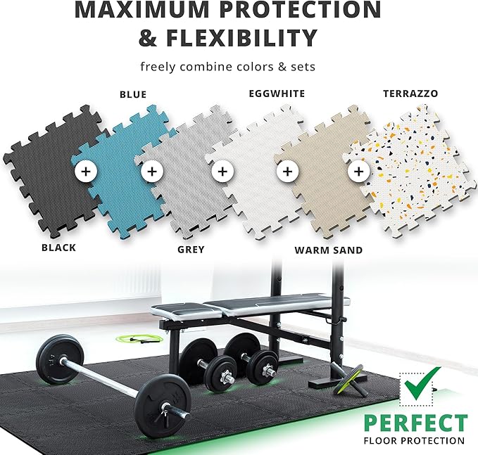 bemaxx Gym Mats Set - 54 pcs EVA Interlocking Foam Floor Tiles (12.6"x12.6"x0.4") 54sqft Protective Gym Flooring Sports Home Workout Exercise Mats Puzzle Garage Fitness Play-Room Pool Treadmill Bike