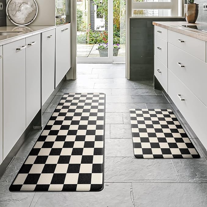 Beige Black Checkered Grid Checkerboard Kitchen Rug Sets [2 PCs], Anti-Fatigue, Waterproof Non-Slip Kitchen Mats Heavy Duty Comfort Foam Rug for Kitchen, Floor, Laundry,17"x29"+17"x47"