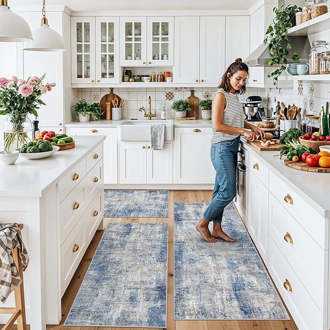 Kitchen Mats for Floor 3 Piece Set, Washable Non-Slip Farmhouse Kitchen Rugs for Hardwood Floor, Rustic Floral Boho Runner Rug for Sink,Entryway & Hallway & Bathroom (Blue/Grey/Ivory,2x3+2x4+2x5)