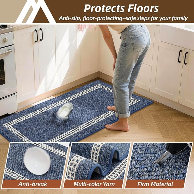 COSY HOMEER Kitchen Rugs Non-Slip 20x30/20x48 Inch Thick Polypropylene Standing Mat for Home Machine Washable, Blue