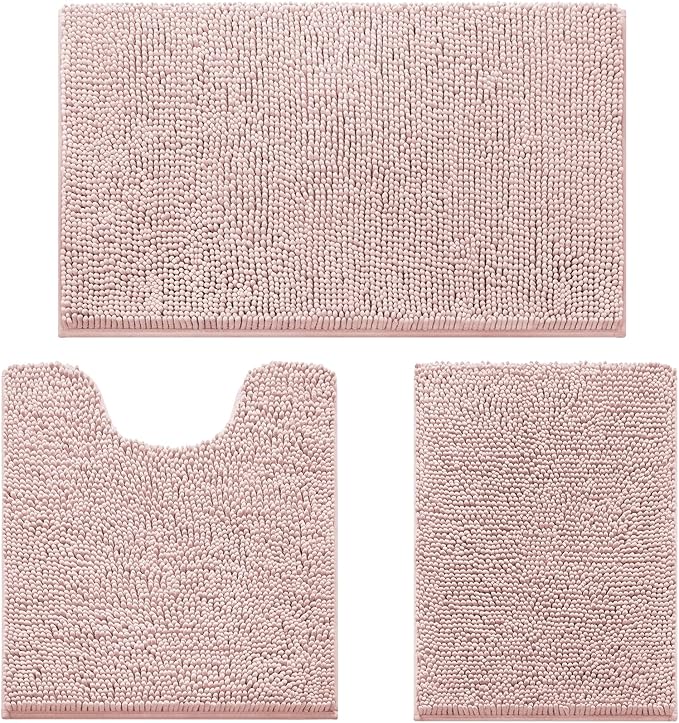HOMEIDEAS 3 Pieces Bathroom Rugs, Extra Large Ultra Soft Non Slip Absorbent Chenille Toilet Bath Mat Set (Dusty Pink)