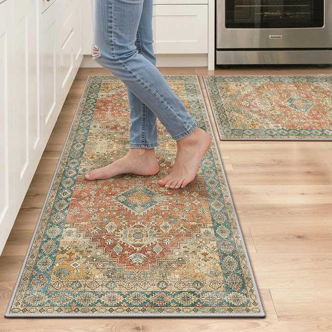 GENIMO Kitchen Rugs Non Slip Washable, 2PCS Kitchen Mats for Floor, Cushioned Standing Mat, Kitchen Runner Rug Floor Mat for Kitchen Decor, Laundry, Sink, Entryway, Home, 20"x32"+20"x48", Retrobrick
