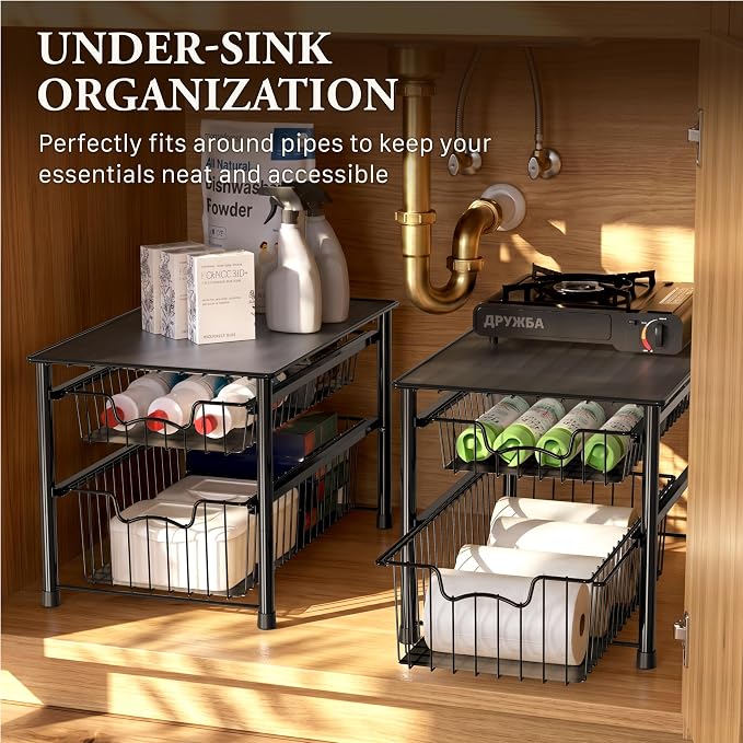 Simple Houseware Stackable Sliding Basket Organizer Drawer, Black, 2-Tier