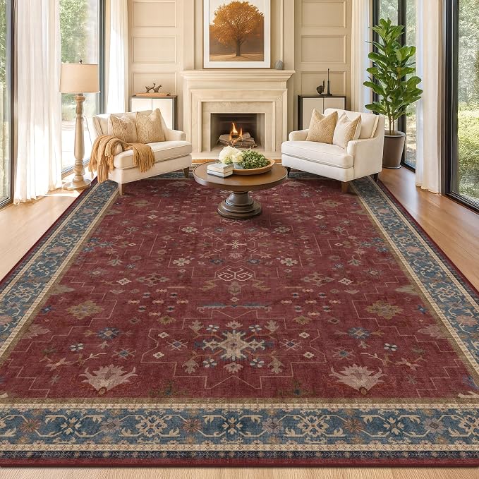 Hazo Haus Oriental 8x12 Large Area Rugs for Living Room - Burgundy Rug for Bedroom Under Bed, Dining Room Under Kitchen Table, Washable Soft Non Slip Unique Indoor Décor