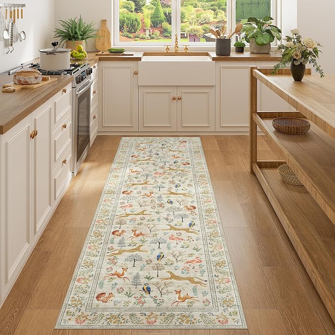 DUKINO Runner Rug, 2x7 Washable Kitchen Rugs for Hallways with Non Slip Backing, Soft Low Pile Vintage Animal Runner for Kitchen, Hallway, Entryway, Laundry, Bedroom, Beige