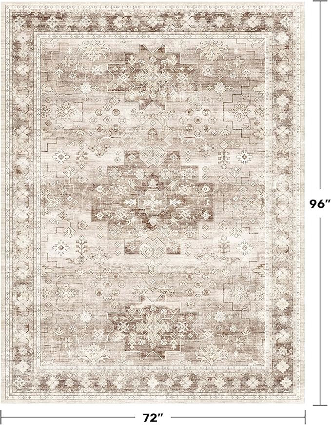 Washable Boho 6x8 Area Rug for Living Room - Vintage Beige Dining Room Rug Under the Table, Low Pile Non-Slip Rugs for Bedroom, Office - Charming Geometric Decor & Stain Resistance (6x8 Beige/Latte)