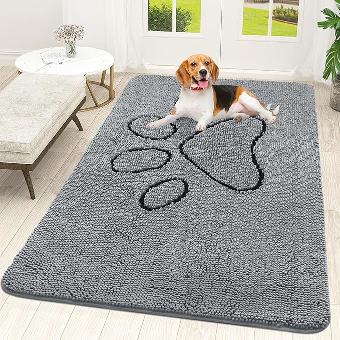 OLANLY Dog Door Mat for Muddy Paws 59x35, Paw Print Design, Absorbs Moisture and Dirt, Absorbent Non-Slip Washable Doormat, Quick Dry Chenille Mud Mat for Dogs, Entry Indoor Entryway Carpet, Grey