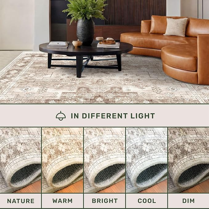 Boho 2x8 Long Runner Rugs for Hallway, Neutral Farmhouse Non Slip Runner for Kitchen, Entryway, Vintage Floral Decor Low-Pile Washable Stain Resistant Beige Latte Rug