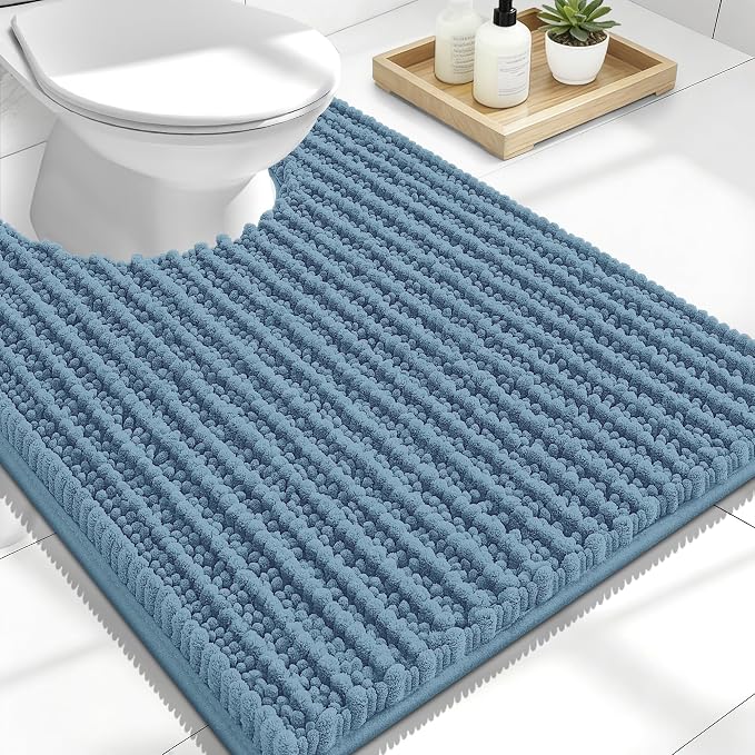 OLANLY Toilet Rugs U Shaped 24x20, Thick Soft and Absorbent Chenille Contour Bath Mat, Non-Slip Rubber Backing, Machine Washable Quick Dry Toilet Mat, Home Decor Accessories, Airy Blue
