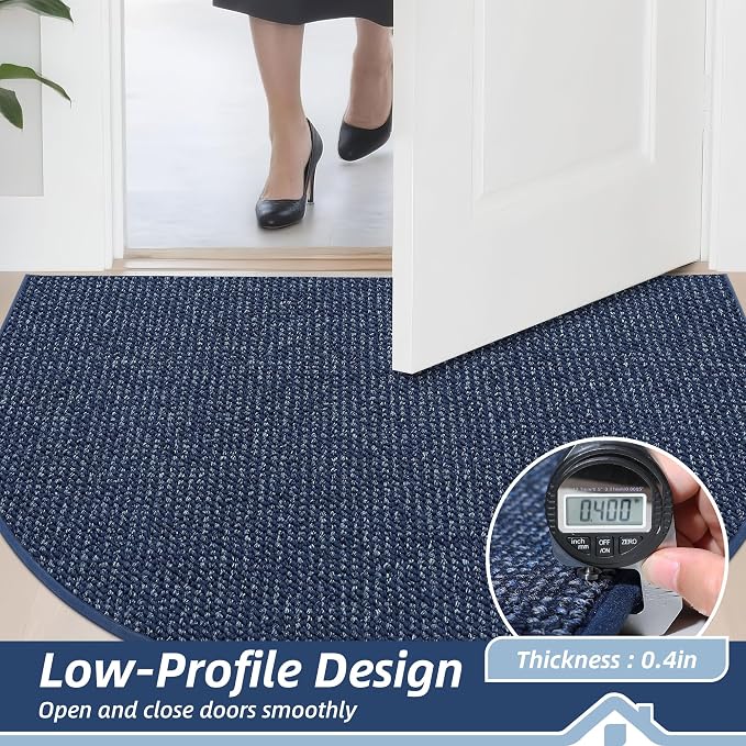 BEQHAUSE Dirt Trapper Door Mat 26" x 40" Half Circle Non-Slip Washable Doormats Entrance Rugs Absorbent Welcome Low Profile Floor Mats for Front Back Door and Entryway, Blue