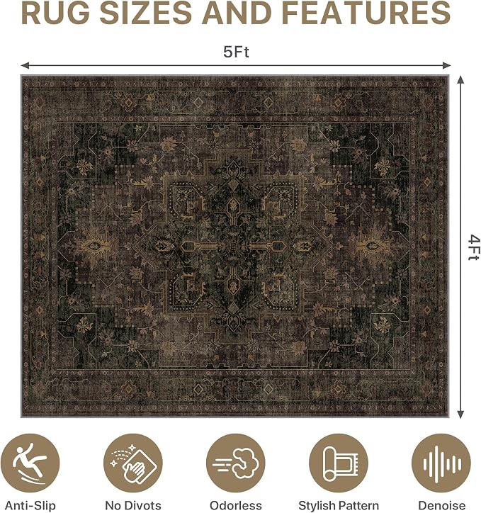 48"x60" Office Chair Mat for Hardwood Tile Floor, Under Desk Carpet Protector for Rolling Computer Chair Mat, Machine Washable Area Rug, Anti-Slip 1/5" Thick Low Pile Thin Vinyl Floor Mat, Brown