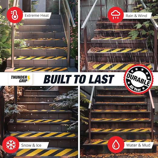 Black and Yellow Non Slip Strips for Steps 30" x 4" 12-Pack Outdoor Stair Treads - Waterproof Anti Slip Grip Tape for Safety Walk - Strong Adhesive Caution Tape for Floor and Ramps by Thunder Grip
