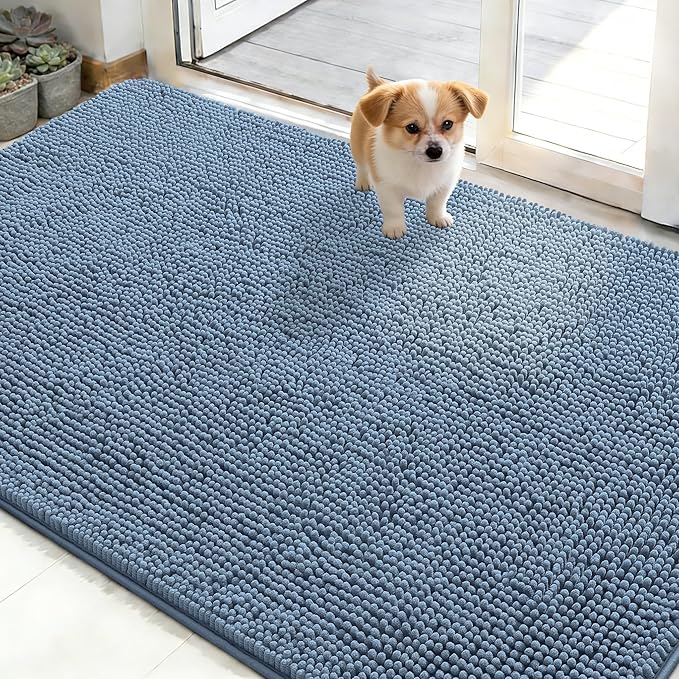 OLANLY Dog Door Mat for Muddy Paws 50x30, Absorbs Moisture and Dirt, Absorbent Non-Slip Washable Doormat, Quick Dry Chenille Mud Mat for Dogs, Entry Indoor Entryway Carpet for Inside Floor, Airy Blue