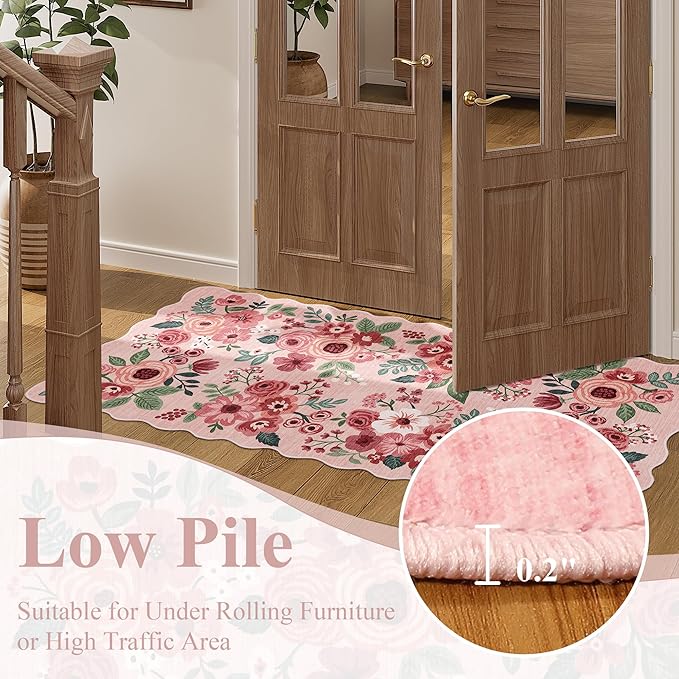 DUKINO 2.6x10 Runner Rug for Hallway, Lightweight Washable Floral Kitchen Rug with Non Shedding, Soft Low Pile & Non Slip Backing Boho Runner for Entryway, Bathroom, Laundry, Bedroom, Pink