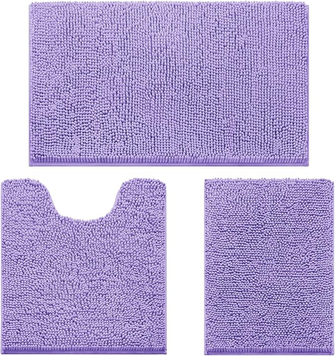 HOMEIDEAS 3 Pieces Bathroom Rugs, Ultra Soft Non Slip Absorbent Chenille Toilet Bath Mat Set (Lavender)