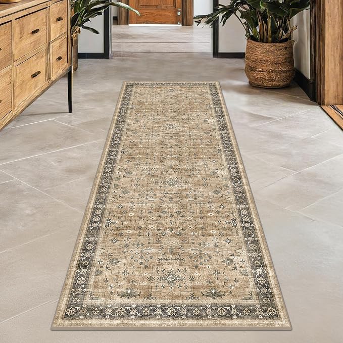 Natural Sage Taupe 2x6 Entryway Runner Rug, Kitchen Floor Mat for Indoor Entrance and Bathroom, Washable Vintage Earthy Decor, Non-Slip Stain Resistant Low-Pile Throw Rug