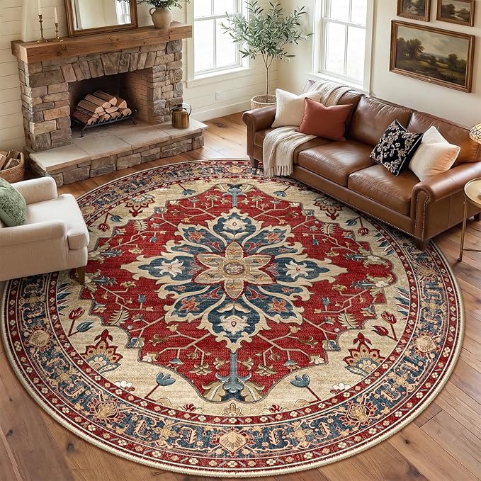 RELEANY Area Rugs Round 8ft Washable Non-Slip, Floral Vintage Distress Medallion Carpet for Living Room Bedroom Dining Room, Red Blue