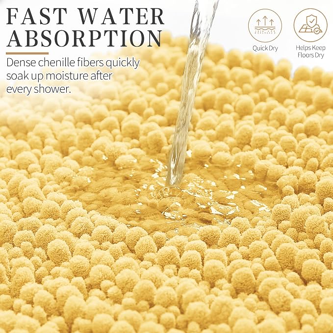 Yimobra Bathroom Rugs Non Slip Washable - Ultra Soft Absorbent Chenille Bath Mat, Quick Dry Shaggy Floor Carpet for Tub Shower, Yellow Home Decor Accessories, 24x17 Inch