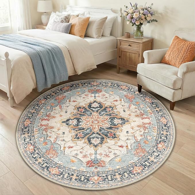 RELEANY Area Rugs Round 5ft Washable Non-Slip, Floral Vintage Distress Medallion Carpet for Living Room Bedroom Dining Room, Beige Navy Blue Orange Colorful