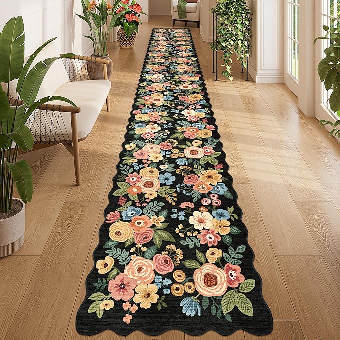 DUKINO 2x14 Hallway Runner Rug, Non Slip Floral Washable Runner Rug for Kitchen, Boho Low Pile Thin Indoor Long Carpet for Hallways, Entryway, Bathroom, Kitchen, Bedroom, Black