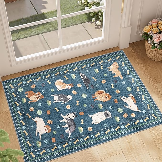 DUKINO 2x3 Entryway Rug, Washable Small Door Mat Indoor Entance Lightweight Area Rug with Non Slip, Low Pile & Non Shedding Animal Dog Throw Carpet for Kitchen, Bathroom, Bedroom, Kids Room, Blue