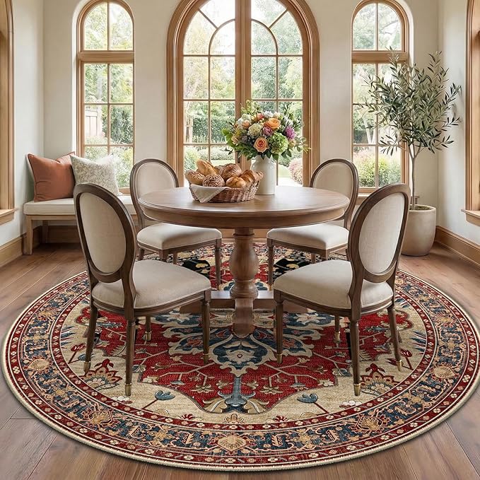 RELEANY Area Rugs Round 7ft Washable Non-Slip, Floral Vintage Distress Medallion Carpet for Living Room Bedroom Dining Room, Red Blue