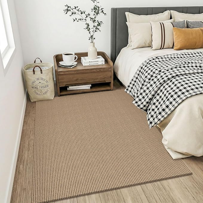 KOZYFLY Boho Washable 4x5 Entry Woven Area Rug, Braided Throw Rugs for Entryway, Non Slip Door Mat Indoor Entrance, Farmhouse Carpet for Foyer, Bedroom, Dining, Office, Orange Beige/Tan/Brown