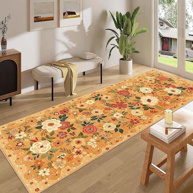 DUKINO 3x8 Runner Rug, Washable Rug for Kitchen with Non Slip Backing, Soft Non Shedding & Low Pile Design Long Floor Carpet Runner for Hallway, Bathroom, Entryway, Laundry, Orange
