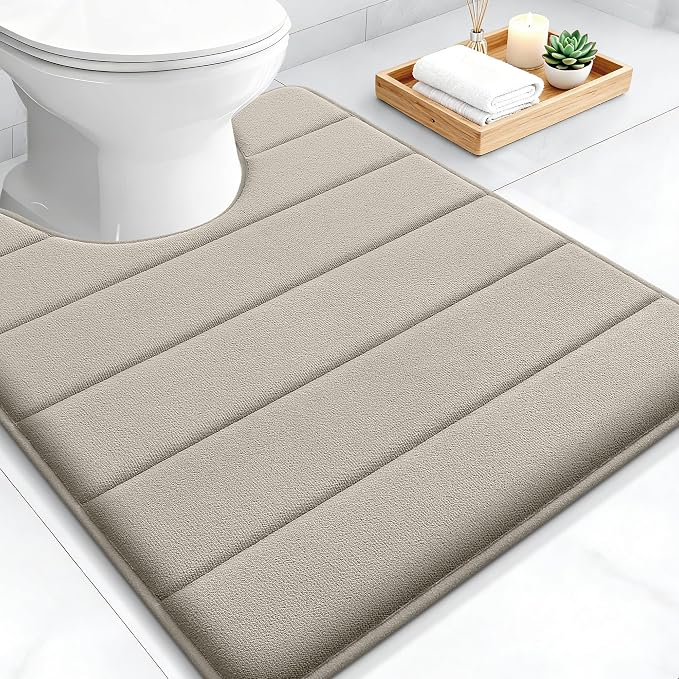 OLANLY Memory Foam Toilet Rugs U Shaped 24x20, Super Soft Absorbent Contour Bath Rugs, Quick Dry, Machine Washable Toilet Mat, Bathmat Floor Carpet, Bathroom Home Decor Accessories, Warm Taupe