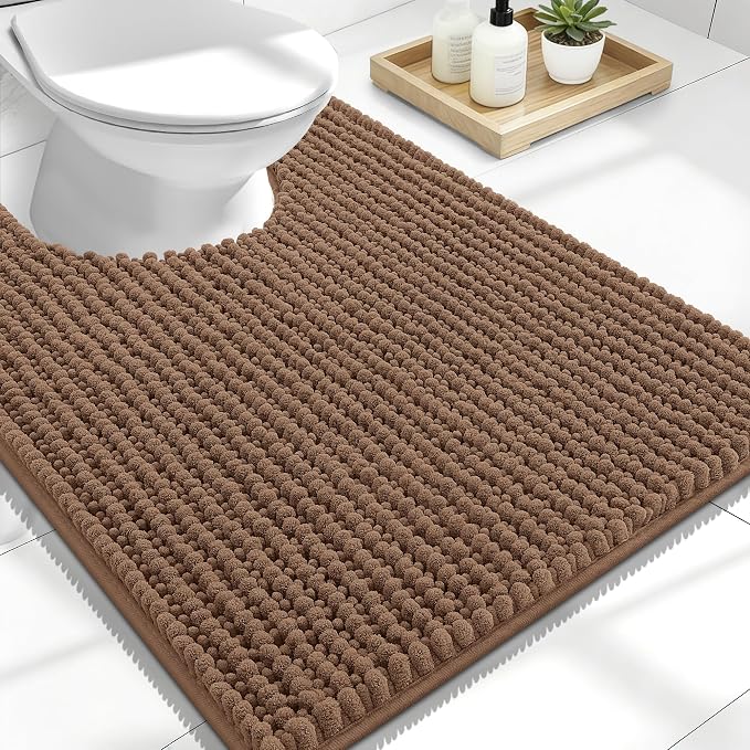 OLANLY Thick Toilet Rugs U-Shaped 24x20, Extra Soft Absorbent Shaggy Chenille Contour Bathroom Rugs for Toilet, Dry Quickly, Machine Washable, Non-Slip Bath Mat, Mocha