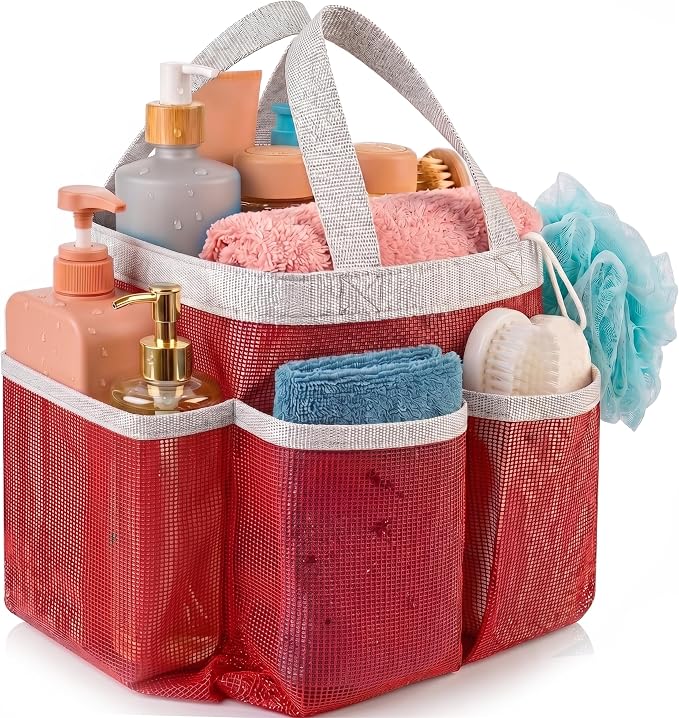 Handy Laundry Mesh Shower Caddy – 7 Pocket Portable Organizer Tote for Dorm, Gym, Travel & Bathroom – Quick Dry Collapsible Bag for College Essentials, Toiletries & Cleaning Supplies (Pink)