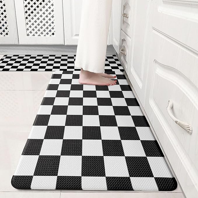 Black Checkered Grid Checkerboard Kitchen Rug Sets [2 PCs], Anti-Fatigue, Waterproof Non-Slip Kitchen Mats Heavy Duty Ergonomic Comfort Foam Rug for Floor, Home, Laundry,17"x29"+17"x47"
