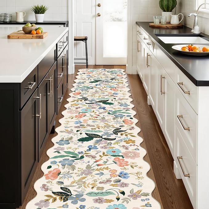 Hallway Floral 2'6x14 Runner Rugs: Washable Scalloped Soft Carpet with Non-Slip Backing for Entryway Kitchen Stain-Resistant Bedroom Floor Mat – Gifts for Newlyweds/Household Home Dcor (2'6x14,Cream)