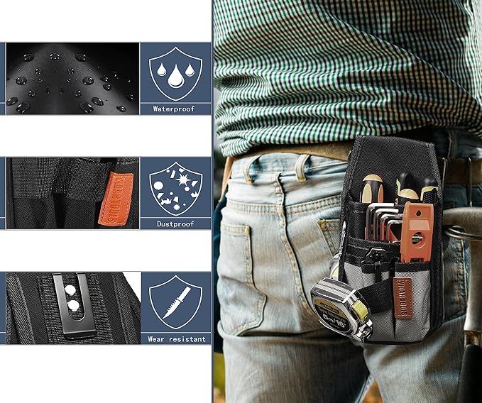 VIDAR TOOLS Small Tool Pouch with Belt Clip,Tool Belt Pouches,Electrician Tool Pouch.Mini Organizer Pocket Attachment for Tool Belt,5 Pockets and Heavy-Duty Metal Belt Clip Attachment.…