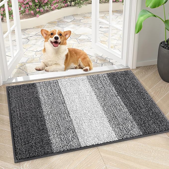Smiry Dog Door Mat for Muddy Paws, Absorbs Moisture and Dirt, Low-Profile Entryway Mat with Non-Slip Backing, Entry Indoor Outdoor Doormat for Inside Floor (30x17 Inches, Grey, Striped)