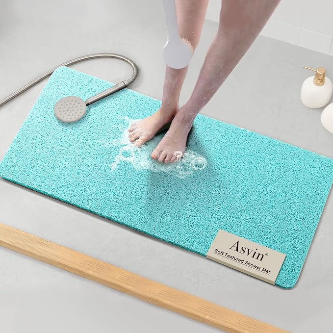 Asvin Soft Textured Bath, Shower, Tub Mat, 35x16 Inch, Phthalate Free, Non Slip Comfort Bathtub Mats with Drain, PVC Loofah Bathroom Mats for Wet Areas, Quick Drying