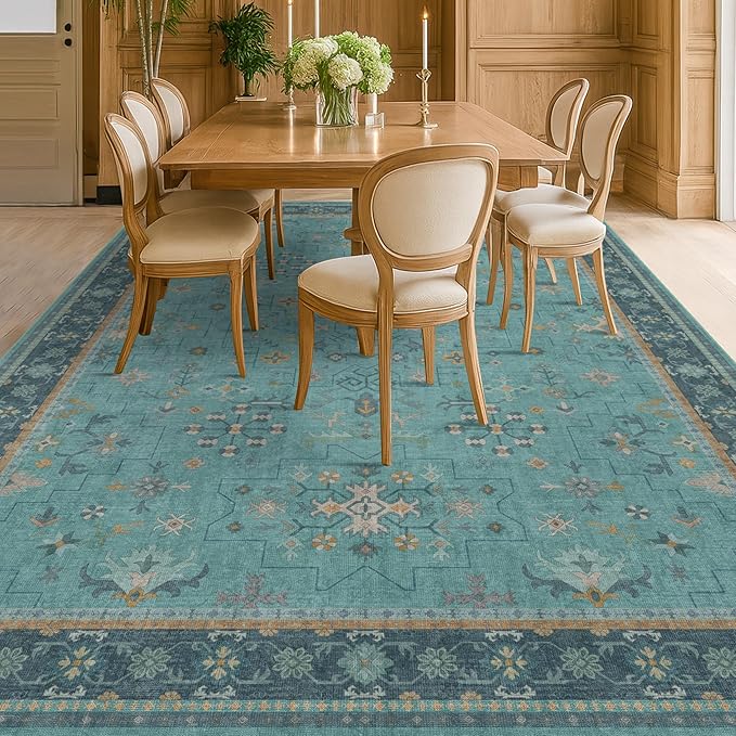 Large Boho 8x12 Teal Green Washable Living Room Rug - Vibrant Turquoise Rug for Bedroom Under Bed, Dining Room Under Table, Geometric Floral Low Pile & Soft Stain Resistant Carpet