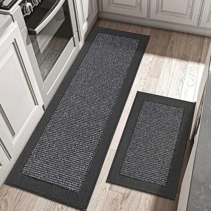 BEQHAUSE Kitchen Rugs and Mats Set of 2 Non-Slip Kitchen Mats for Floor, Absorbent and Stain Resistant Kitchen Runner, Machine Washable Rugs for Kitchen, Laundry & Sink, 24"x36"+24"x60", Charcoal