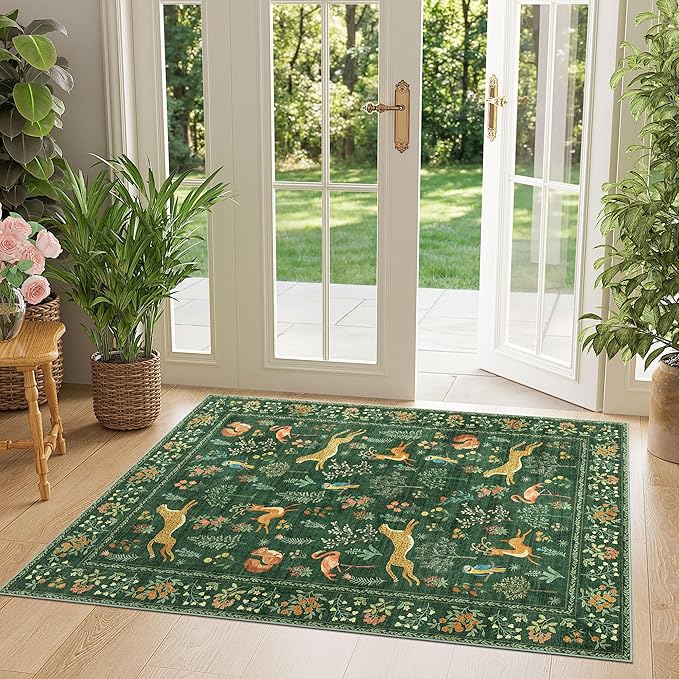 DUKINO 3x4 Washable Entryway Rug, Vintage Animal Ultra Soft Kitchen Area Rug with Non Slip Backing, Low Pile & Stain Resistant Indoor Door Mat for Bathroom, Bedroom, Laundry Room, Office, Green