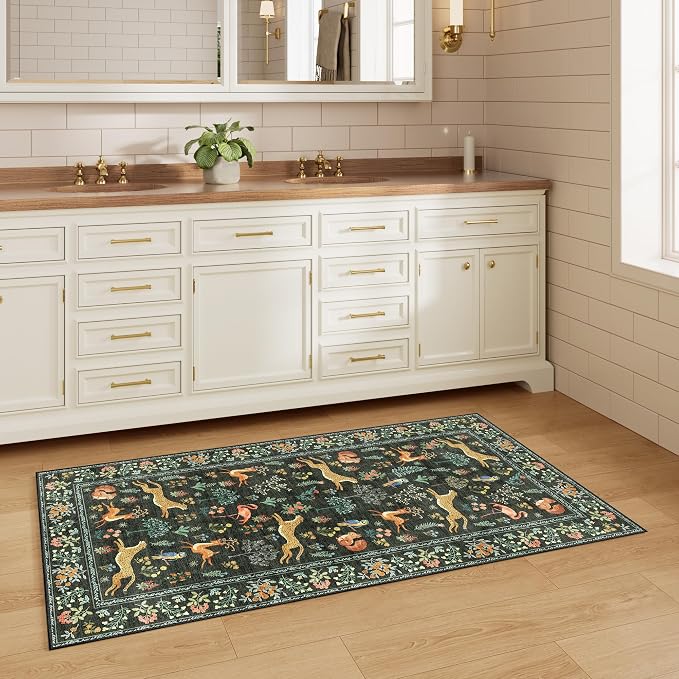 DUKINO 2x4 Rug for Hallway, Washable Kitchen Runner Rug with Non Slip Backing, Soft Low Pile Vintage Animal Runner for Bedroom, Kitchen, Hallway, Entryway, Laundry, Black