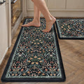 PureCozy Kitchen Mats for Floor 2PCS Anti Fatigue Cushioned Mat Non Slip Comfort Kitchen Rugs Vintage Floral Waterproof Standing Dark Blue Mat for Sink Laundry Office Desk 17.3"x47"+17.3"x30"