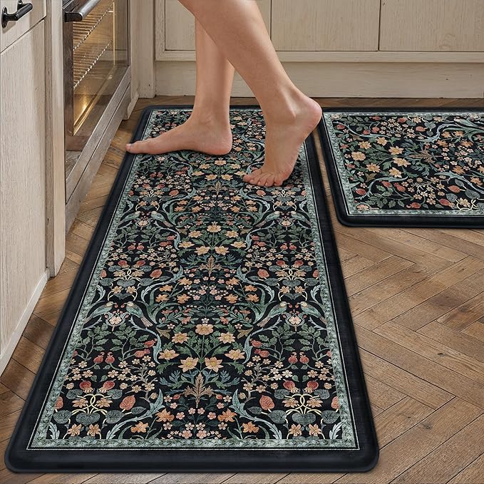PureCozy Kitchen Mats for Floor 2PCS Anti Fatigue Cushioned Mat Non Slip Comfort Kitchen Rugs Vintage Floral Waterproof Standing Dark Blue Mat for Sink Laundry Office Desk 17.3"x47"+17.3"x30"