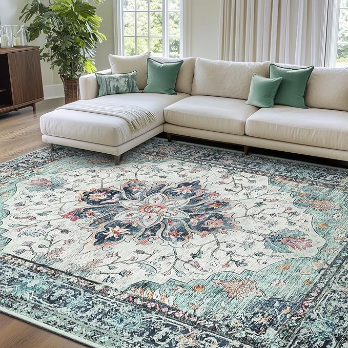 RELEANY Area Rugs 7'x10' Washable Non-Slip, Floral Vintage Distress Medallion Carpet for Living Room Bedroom Dining Room, Green Navy Blue White Red Teal