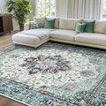 RELEANY Area Rugs 8'x10' Washable Non-Slip, Floral Vintage Distress Medallion Carpet for Living Room Bedroom Dining Room, Green Navy Blue White Red Teal